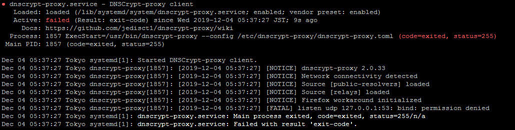 DNSCrypt-proxy 使用包管理器安装完成之后无法启动，提示Permission denied